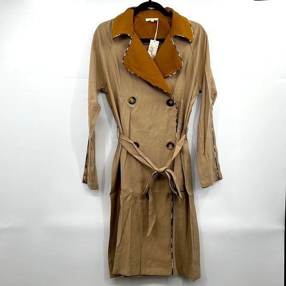 NWT Mystree Trench Coat Khaki Mustard Belted Pockets Flowing Detailed Piping - Picture 5 of 13